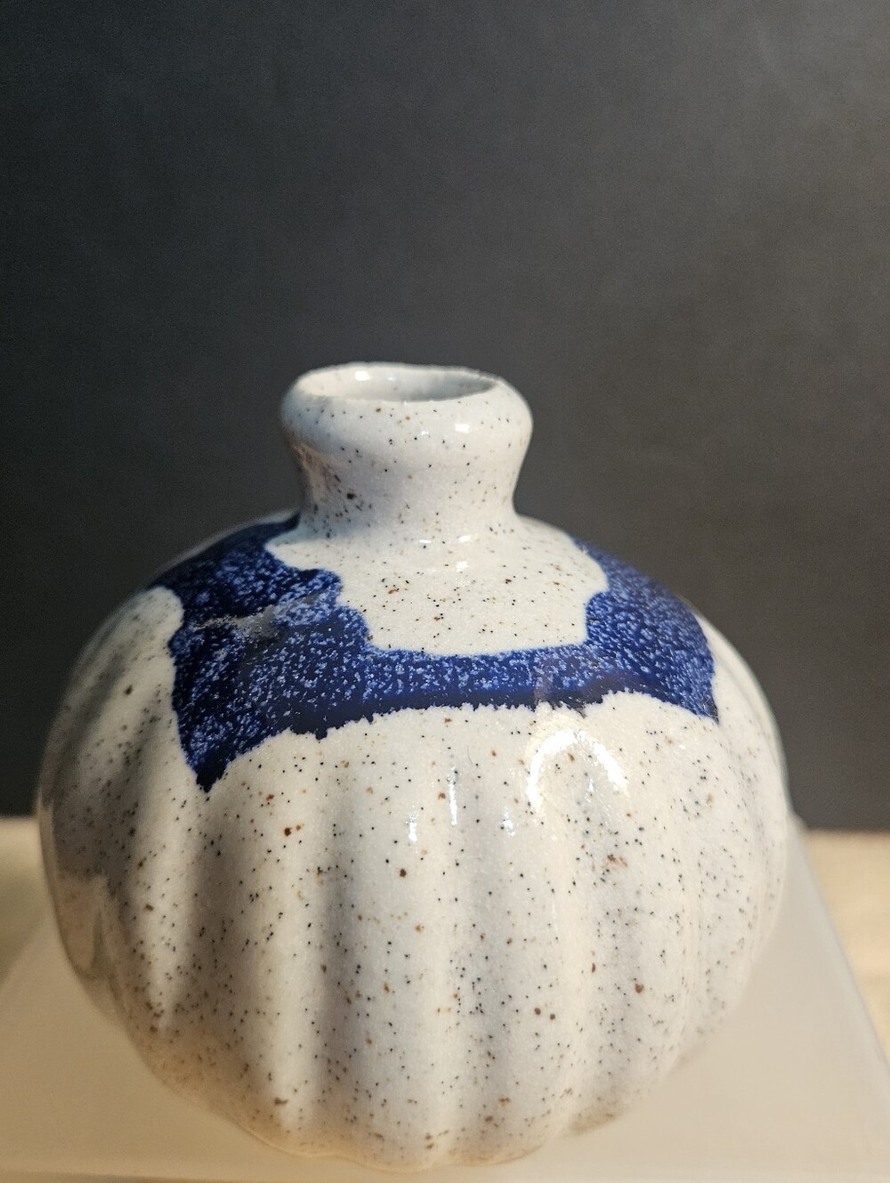 Vintage Studio Art Pottery Weed Pot Ceramic Melon Ribbed Bud Vase Cobalt Blue